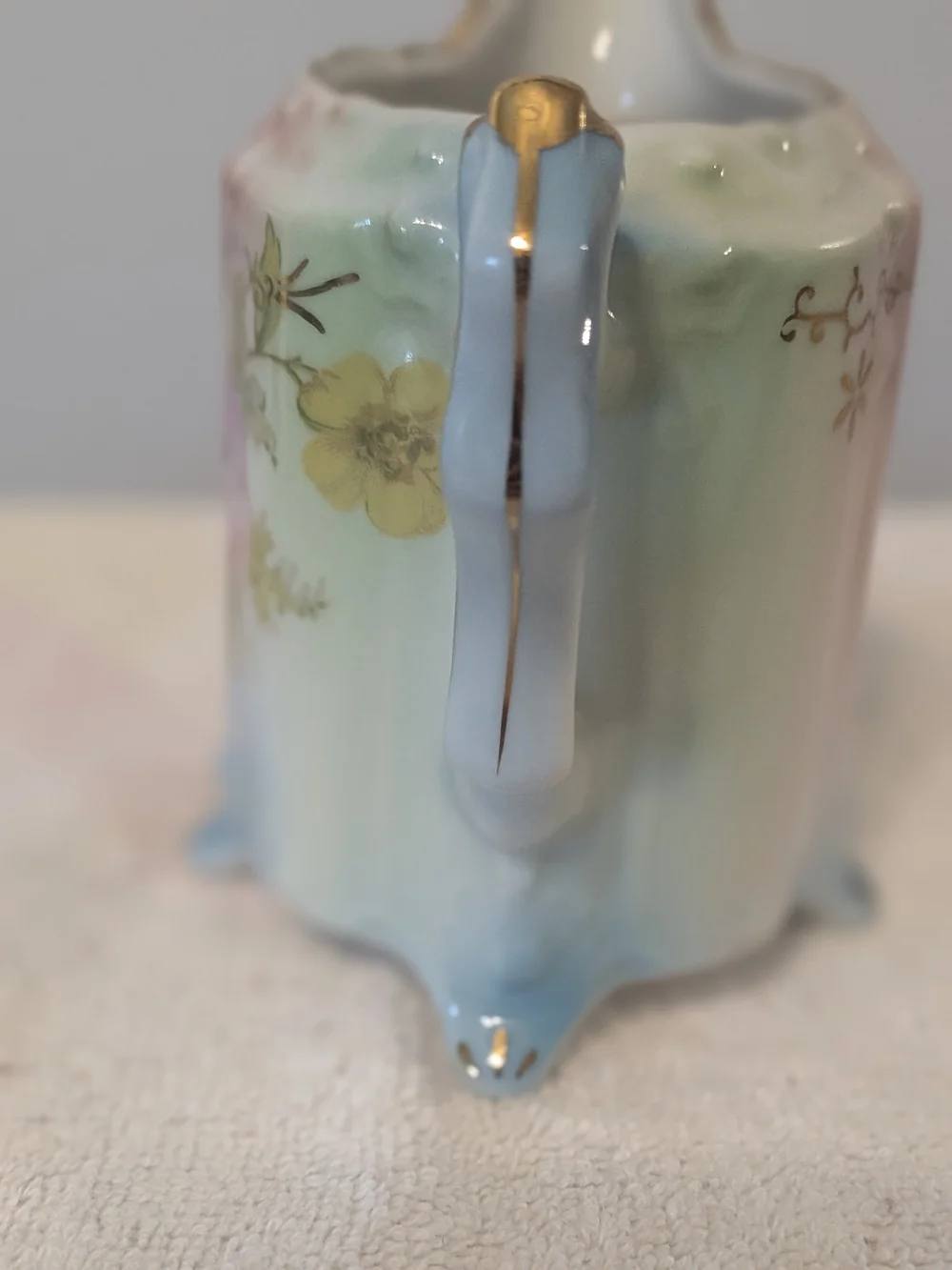Antique Porcelain Footed Creamer R. S. Prussia Floral Design Trimmed In Gold.